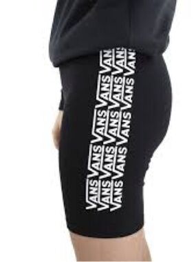 Vans Black Biker Shorts with White Logo Stripe. Medium